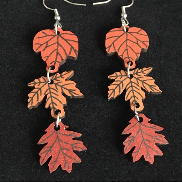 Autumn Theme Wooden Leaf Dangle Earrings - Picture 2 of 6